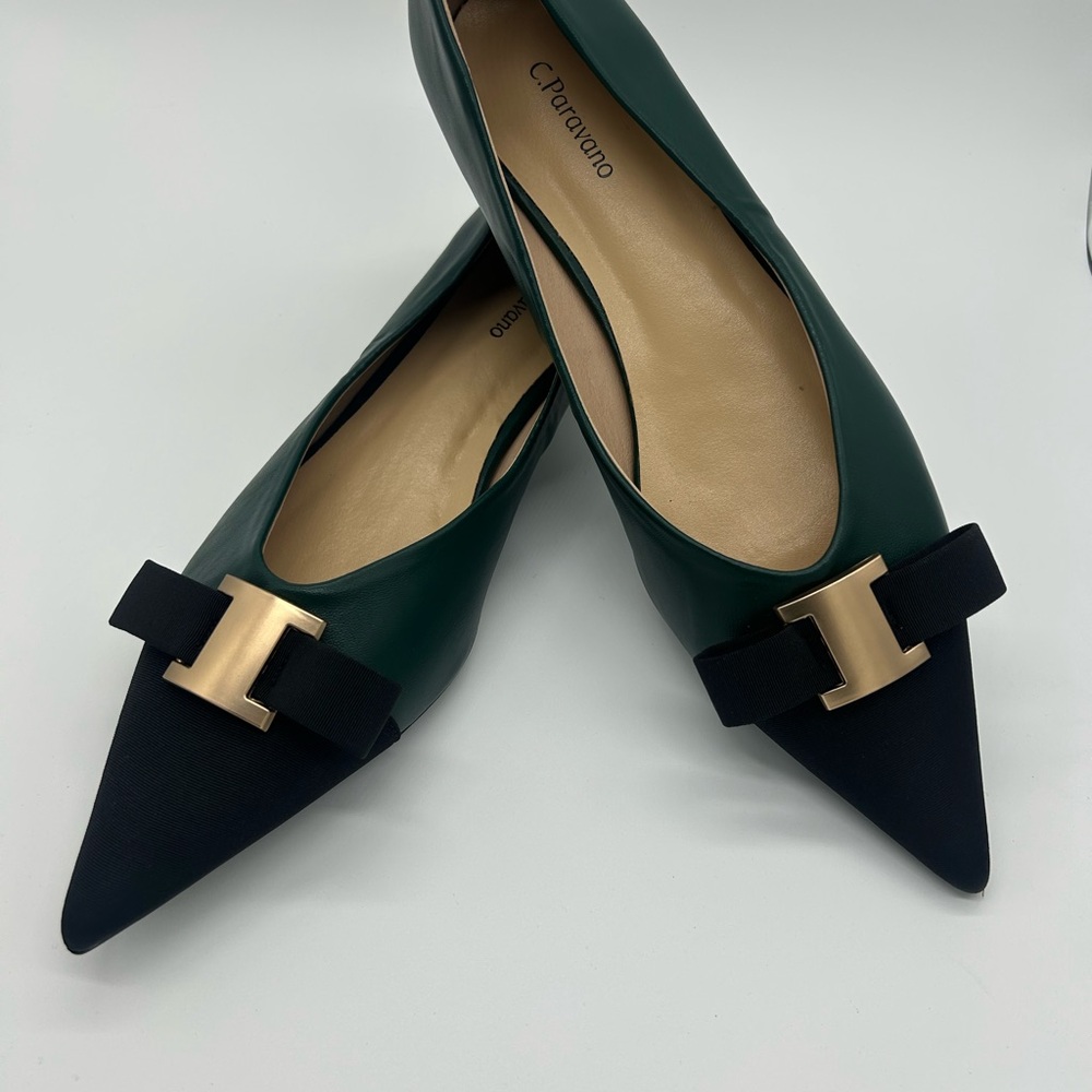 C. Paravano Women's Green and Black Flats with beautiful bow detail